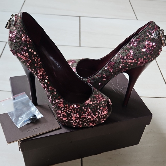 Louis Vuitton Oh Really Sequin Monogram Heels W/Box [37.5] - Picture 1 of 13
